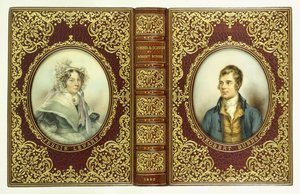 Couvertures supérieure et inférieure, et dos, avec portraits ovales de Robert Burns et Jessie Lewars