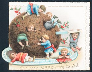 Gamins jouant avec un pudding aux prunes, Carte de Noël - English School