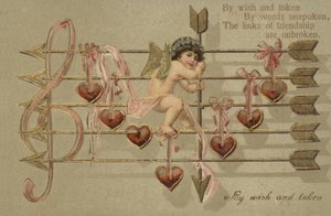 Carte de Saint-Valentin, avec Cupidon, flèche et partition musicale - English School