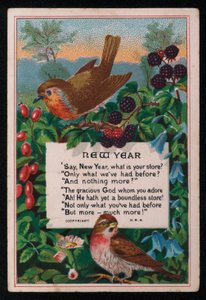 Vers, baies et oiseaux, carte de vœux du Nouvel An - English School