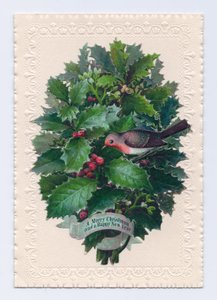 Carte de Noël et de Nouvel An victorienne avec un rouge-gorge dans un bouquet de feuilles de houx, vers 1880 (lithographie en couleur) - English School