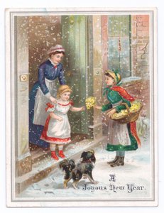 Carte de Nouvel An victorienne avec une servante tenant une petite fille alors qu