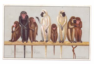 Carte de vœux victorienne du Nouvel An avec huit singes sur un rebord, vers 1880 - English School