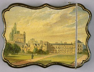 Étui à cartes victorien, avec une scène des jardins du Trinity College, Oxford