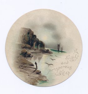 Carte de Nouvel An victorienne circulaire avec un paysage marin et deux yachts par une nuit de clair de lune, vers 1880 (lithographie en couleur) - English School