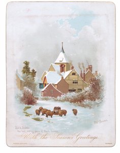 Carte de vœux victorienne de moutons errant près d