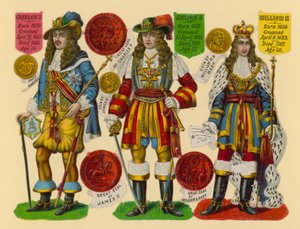 Découpure victorienne : Roi Charles II, Roi Jacques II, Roi Guillaume III - English School