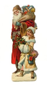 Relief en papier de Père Noël portant des cadeaux, vers 1880