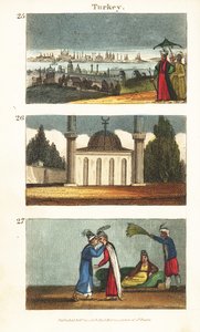 Vue de Constantinople (Istanbul) au début du 19ème siècle, mosquée musulmane avec dôme et minarets, et jeunes femmes grecques s