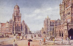 Vue de Victoria Terminus et du bâtiment municipal, Bombay (lithographie couleur)