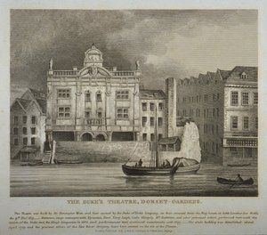 Vue du théâtre des ducs, Dorset Gardens, depuis la Tamise, 1814 - English School