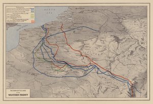 WW1 : Les principales lignes de combat du front occidental (lithographie couleur) - English School