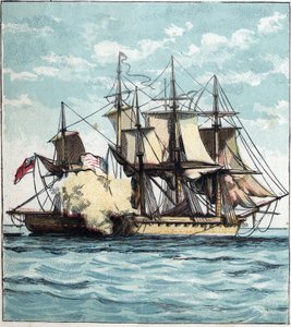 Guerre de 1812 entre les États-Unis et la Grande-Bretagne : la frégate Chesapeake pendant la bataille navale contre la frégate britannique « Shannon » le 01/06/1813 au large de Boston. 