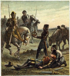 Guerre des Deux Roses : mort du roi Richard III (1452-1485) lors de la bataille de Bosworth Field, entre le 22/08/1485 Richard III et Henri, duc de Richmond. Ce dernier a reçu la couronne du roi déchu et est devenu Henri VII connu sous le nom de Henri Tudo - English School