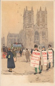 Abbaye de Westminster, Londres, homme-sandwich, garçon en manteau bleu