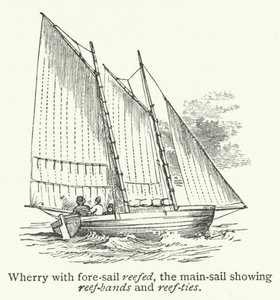 Wherry avec la voile avant réduite, la grand-voile montrant les bandes de ris et les attaches de ris (gravure) - English School