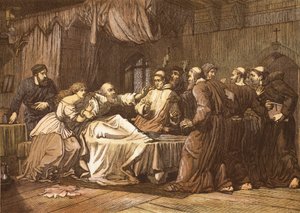 Wicliffe sur son lit de mort assailli par des frères, gravé par T. Bolton - English School
