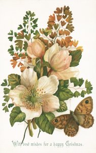 Roses sauvages et papillon, Carte de Noël - English School