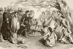 William Penn fait un traité avec les Indiens Delaware ou Lenape en 1682 - English School