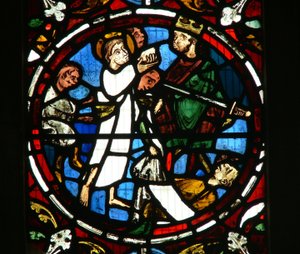 Fenêtre Ew représentant une scène de la légende de Saint Jean : le saint et la coupe empoisonnée - English School