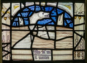 Fenêtre N3 représentant les Quinze Derniers Jours du Monde (la fenêtre du Pryke de Conscience) : Poissons et monstres marins crient - English School