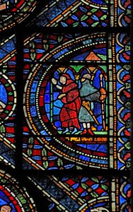 Fenêtre n7 représentant une scène de la vie de Saint Thomas Becket : un chevalier armé et un moine - English School