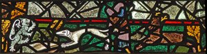 Fenêtre w40 représentant un panneau de bordure avec cerf, chien et lion - English School