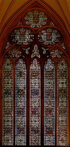 Fenêtre w57 représentant la fenêtre est de la salle capitulaire : Enfance du Christ : Mort de la Vierge - English School