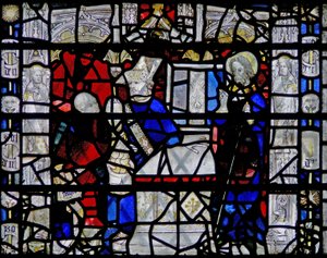Fenêtre w6 représentant une scène de la vie de Saint Nicolas ; bordure avec des figures - English School