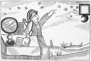 Sorcier consultant la lune et les étoiles, illustration d