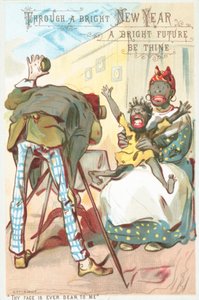 Femme et enfant prenant une photo, carte de Nouvel An - English School