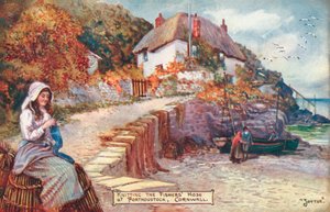 Femme tricotant des bas de pêcheur, Porthoustock, Cornouailles - English School