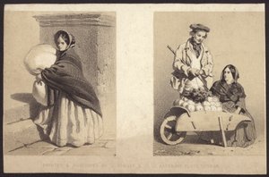 Femme vendeuse de rue vendant des légumes depuis une charrette (lithographie) - English School