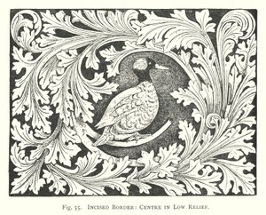Sculpture sur bois : Bordure incisée, centre en bas-relief - English School