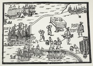 Gravure sur bois illustrant le commerce du vin entre Bordeaux et l