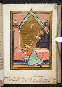 Yates Thompson Ms 26, f.79 r Un infirme priant sur la tombe de Saint Cuthbert, illustration de 