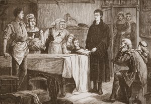 Jeune Calvin expliquant la Bible à une famille à Bourges, illustration de L