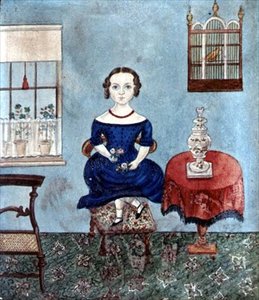 Jeune fille dansant sur une chaise dans un intérieur, vers 1840