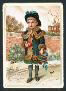 Jeune fille tenant un manchon en fourrure et une pomme, Carte de Noël - English School