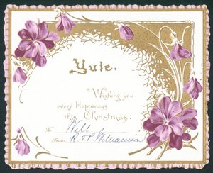 Yule, fleurs violettes, carte de Noël - English School