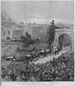 Procession funéraire portant le corps du prédicateur baptiste particulier anglais Charles Haddon Spurgeon arrivant aux portes du cimetière de Norwood, Londres - Enoch Ward