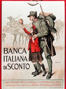 Première Guerre mondiale : affiche italienne encourageant un prêt national représentant un soldat avec une petite fille offrant sa lire - Illustration par Enrico della Leonessa (Lioness) (1875-1921) - Enrico della Lionne