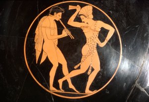 Coupe à boire, Kylix de fille dansant avec un jeune jouant de la flûte, Attique, vers 510 av. J.-C. - Epikektos