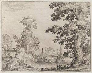 Paysage et rivière avec navires ancrés - Ercole Bazicaluva