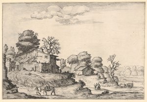 Paysage avec habitations paysannes et un homme menant un cheval au premier plan à gauche, 1638 - Ercole Bazicaluva