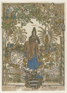 Frontispice avec femme sur piédestal avec les armes de Bernhard von Breydenbach et Johannes Comes