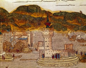 Vue du port de Candie (actuel Héraklion) en Crète Page du livre de voyages « peregrinatio in terram sanctam » après le pèlerinage en Terre Sainte de Bernard de Breydenbach (Breidenbach) (1454-1497) illustré par des gravures d