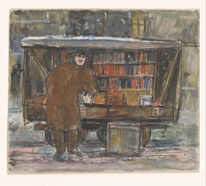 Libraire devant son chariot de livres