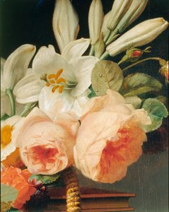 Bouquet de lys et de roses dans une corbeille pose sue une … - Erich Lessing