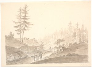 Paysage montagneux norvégien avec du bétail et deux hommes - Erik Pauelsen